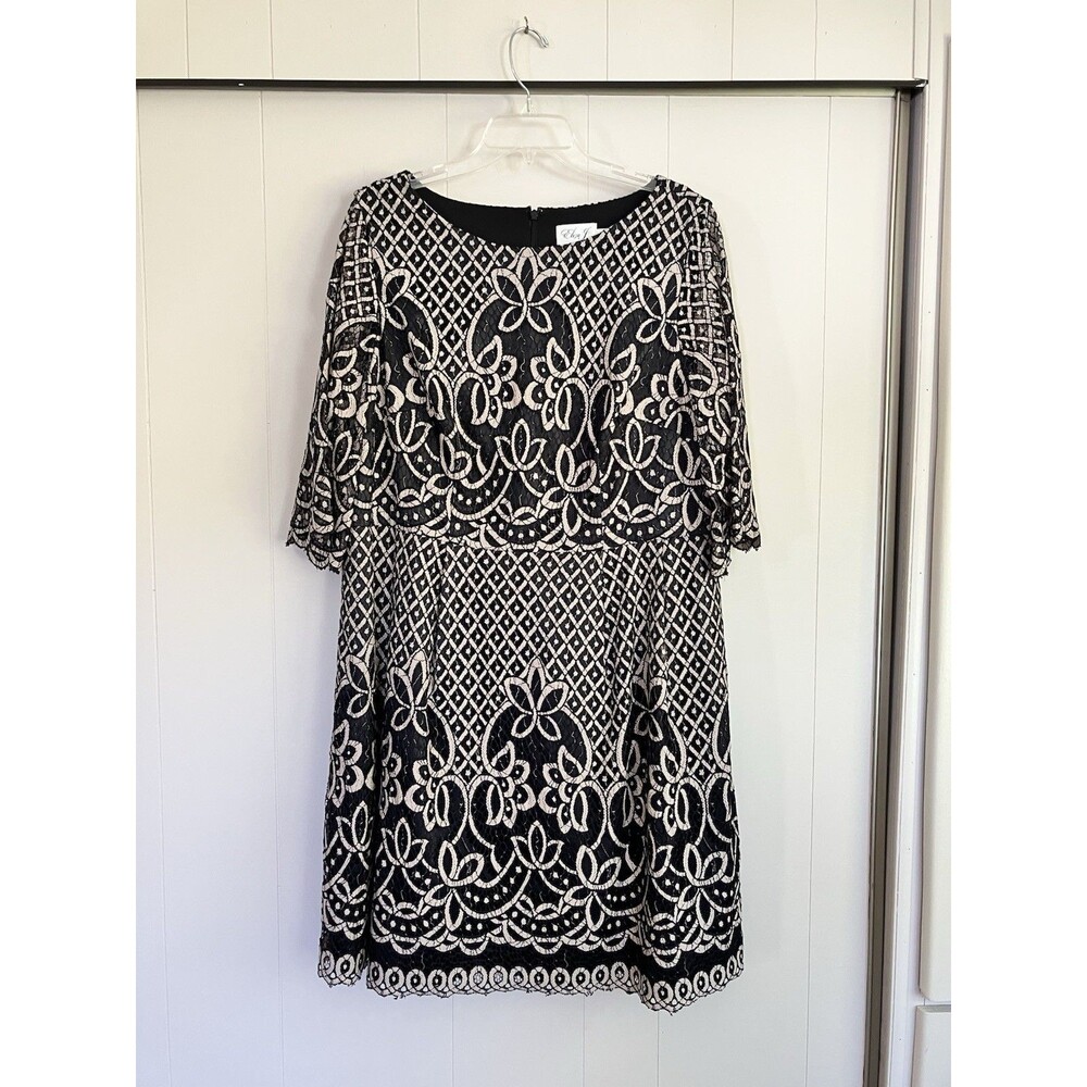 Eliza J 16W Black Beige Corded Lace Sheath Dress Floral Geometric Occasion Lined